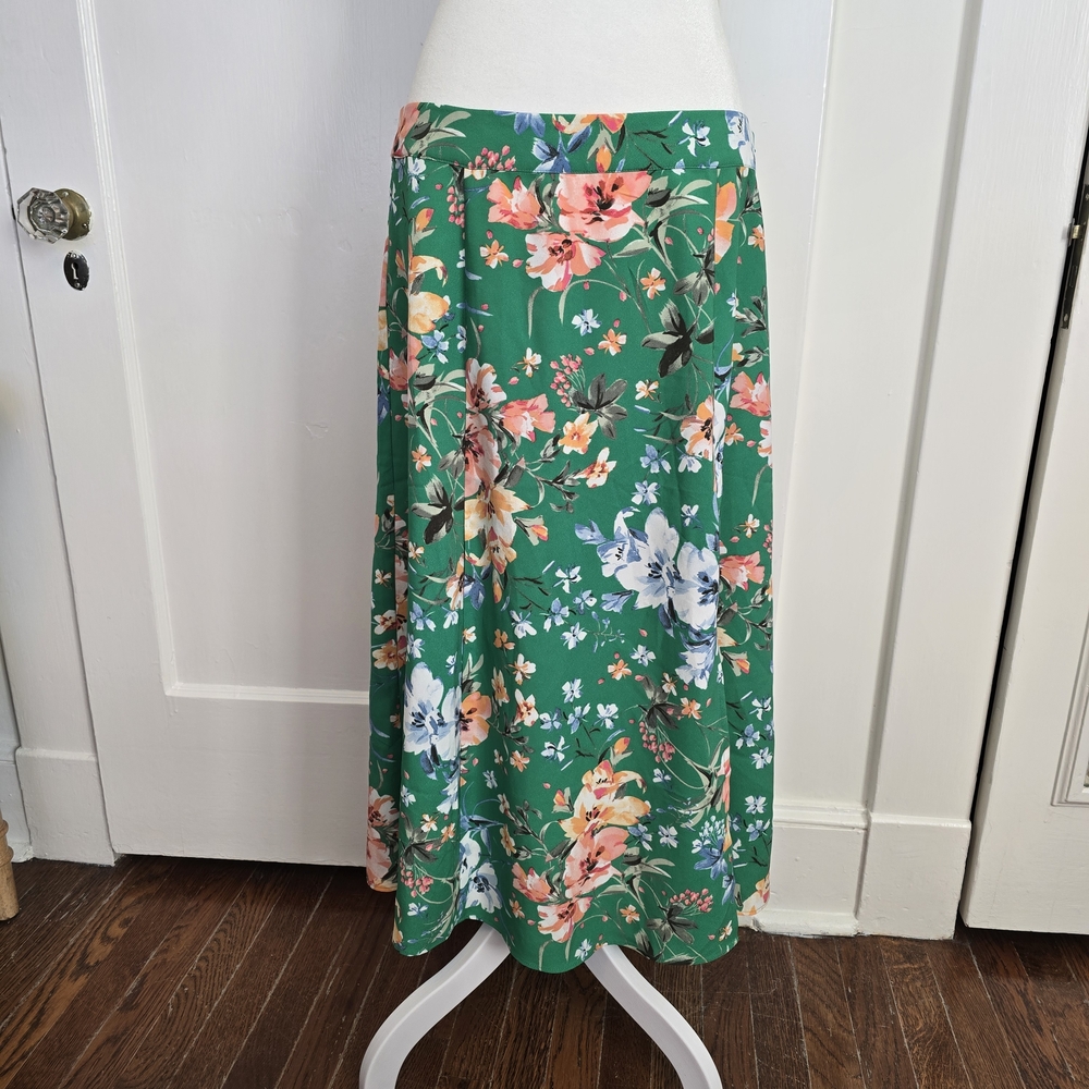 LOFT Green Floral A-Line Midi Skirt
